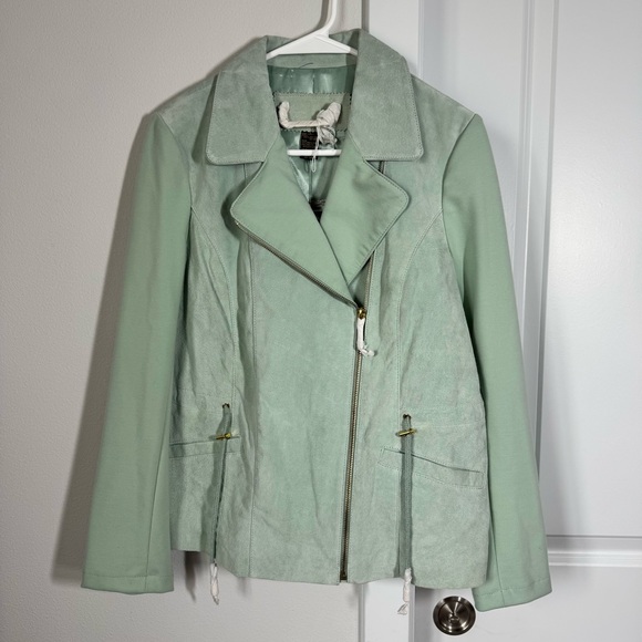 IMAN Jackets & Blazers - NWT Iman Mint Green Suede SoHo Jacket Size Small 100% Leather Shell Ponte Cinch